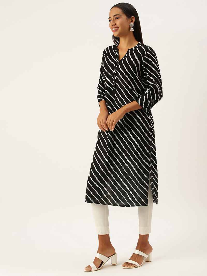 Black  White Lehriya Striped Kurta