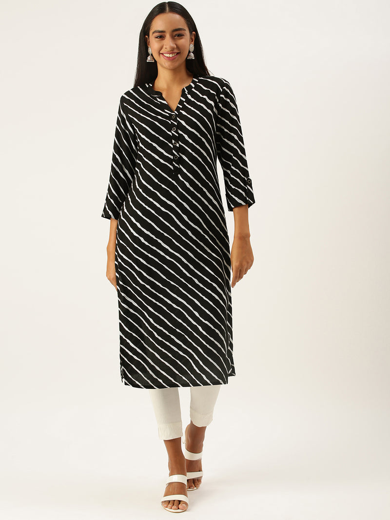 Black  White Lehriya Striped Kurta