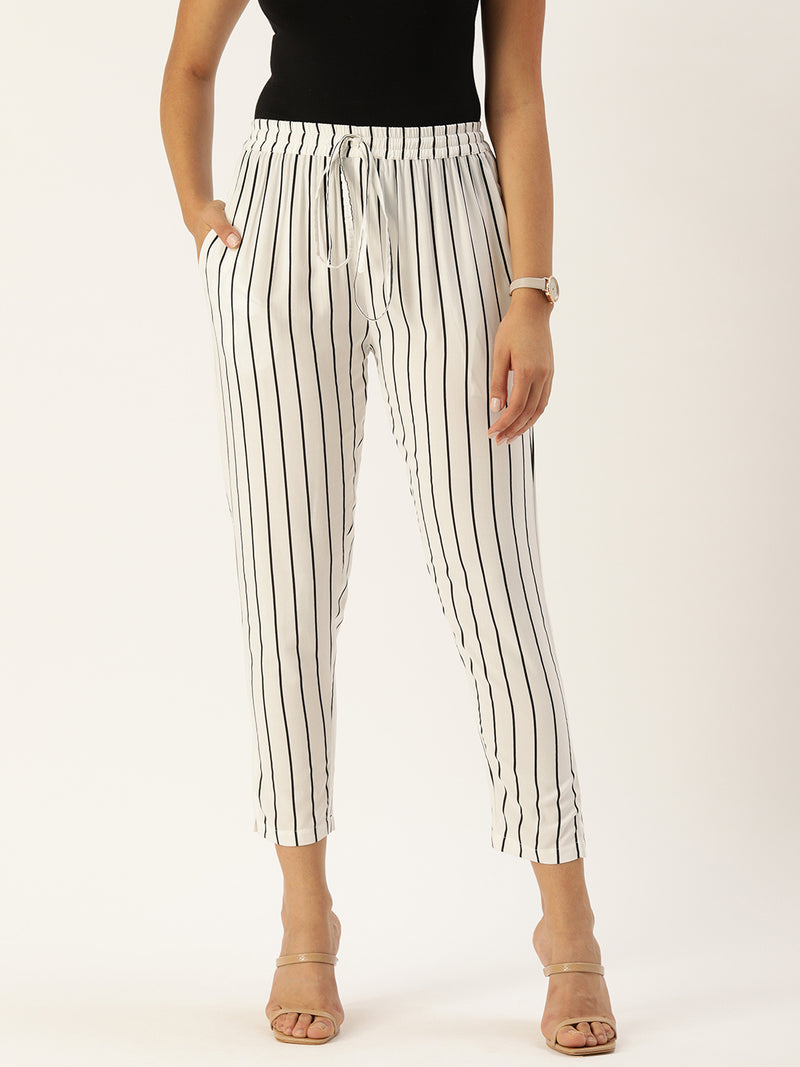 White Black Striped Cropped Trousers  Amukti  The Womens Ethnic Fashion  Store