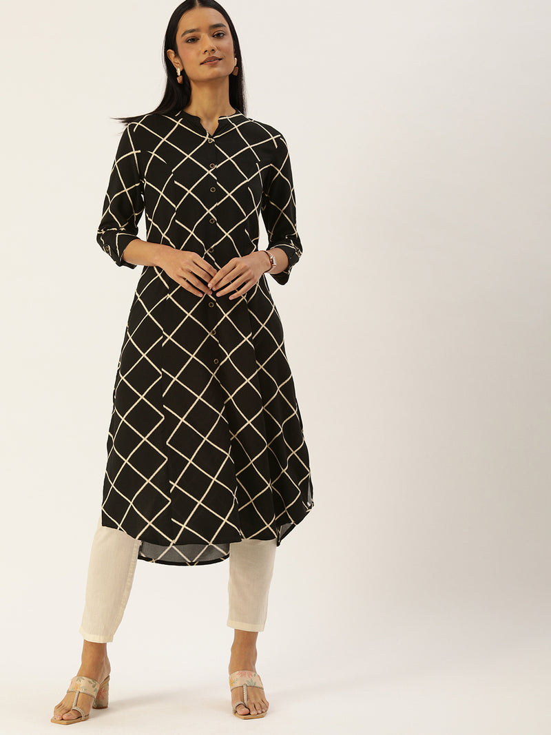 Black  Off White Checked Kurta