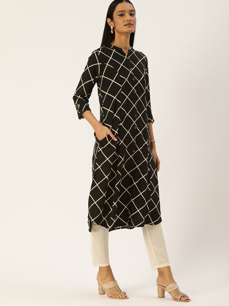 Black  Off White Checked Kurta