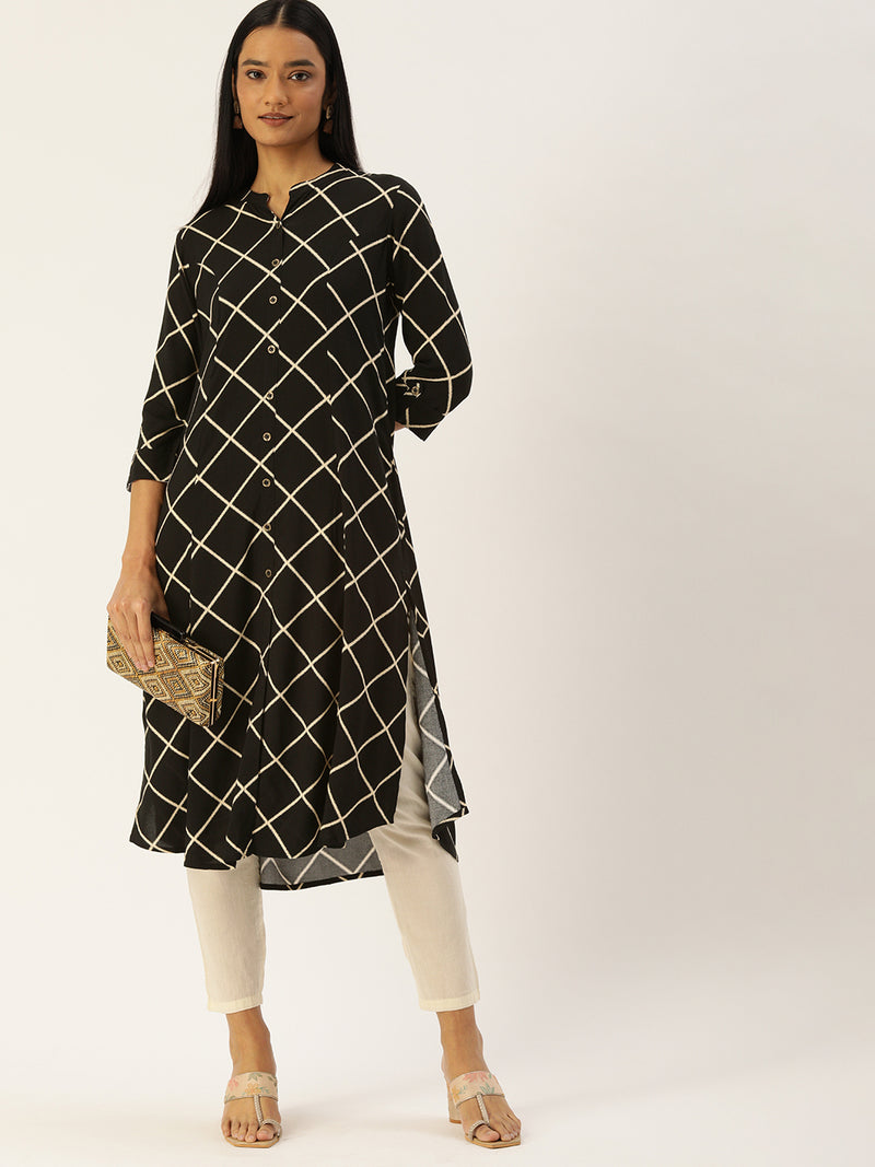Black  Off White Checked Kurta