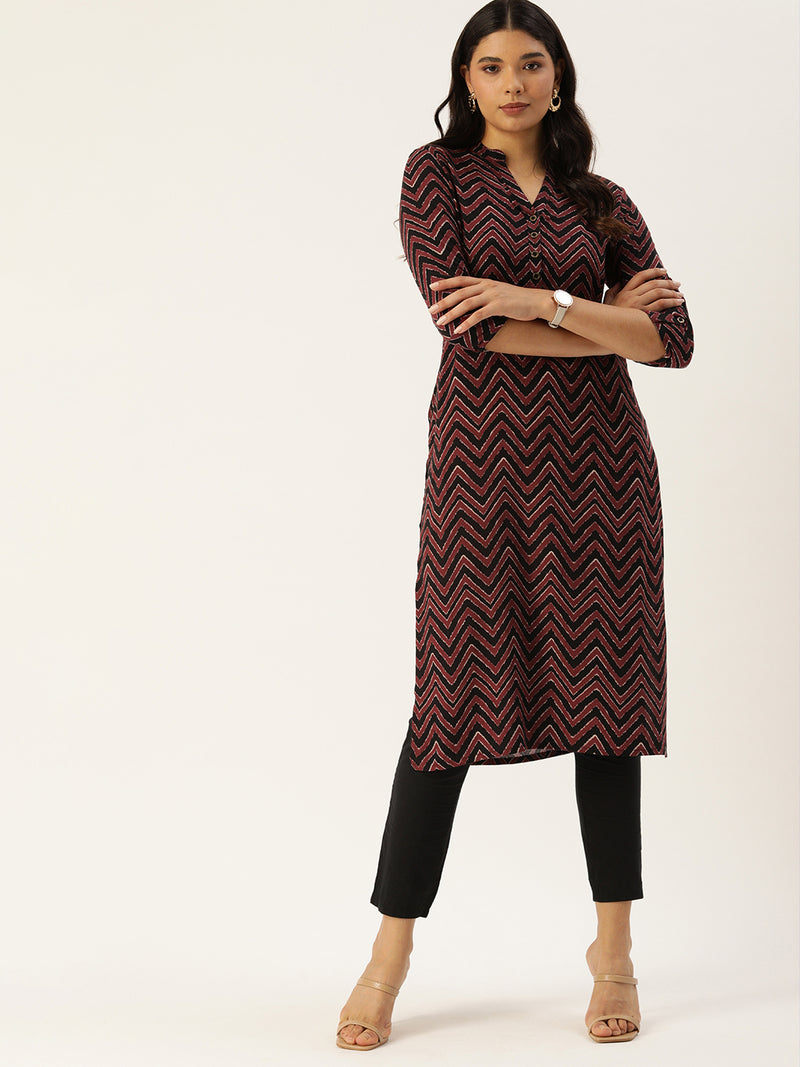 Maroon Black Chevron Printed Straight Cut Kurta