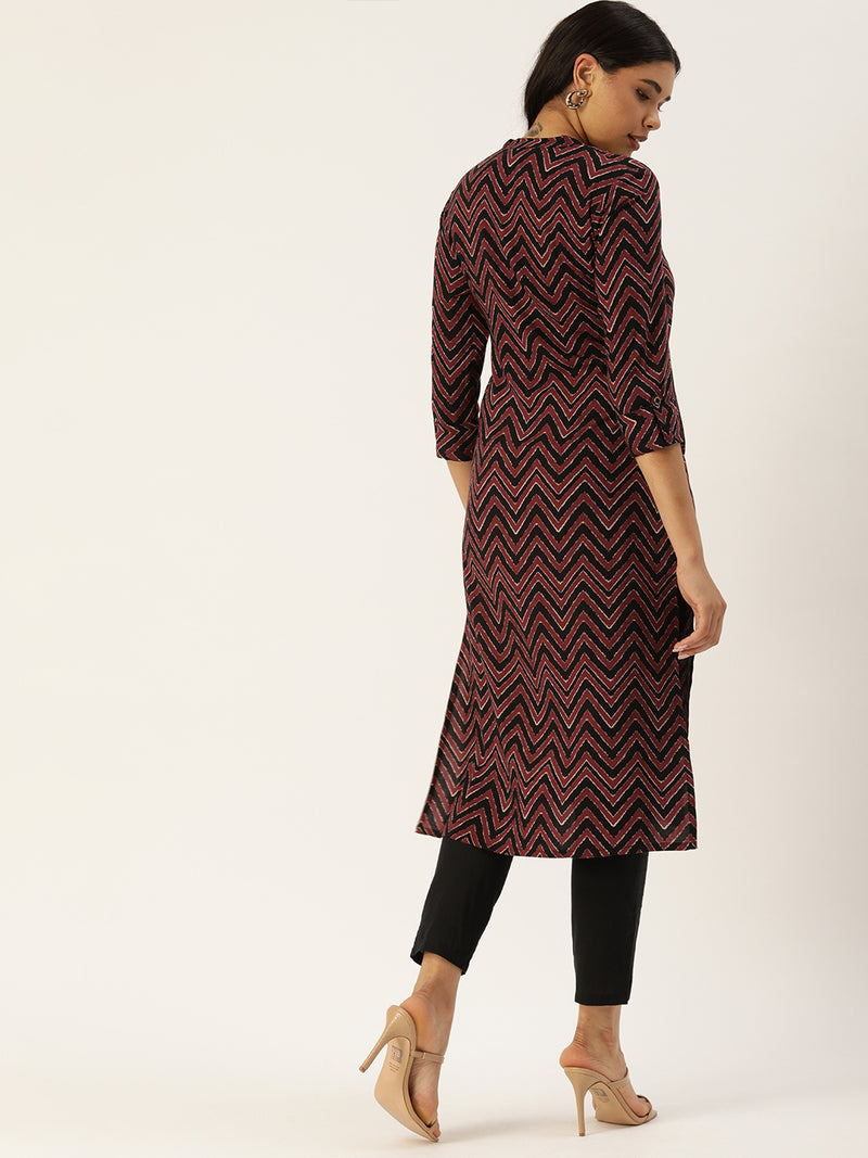 Maroon Black Chevron Printed Straight Cut Kurta