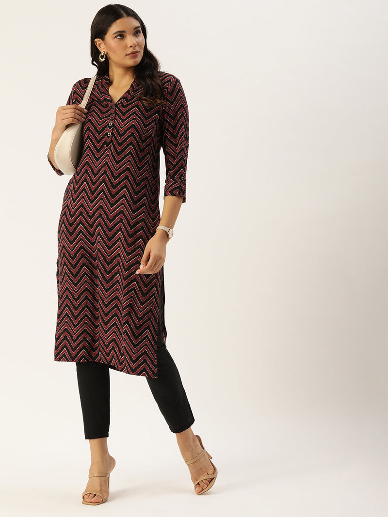 Maroon Black Chevron Printed Straight Cut Kurta
