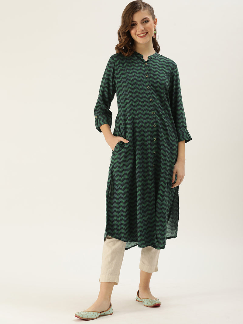 Green Geometric Zig Zag Princess Cut Kurta