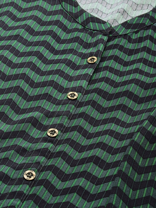 Green Geometric Zig Zag Princess Cut Kurta