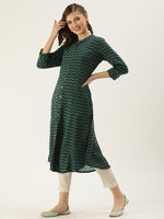 Green Geometric Zig Zag Princess Cut Kurta
