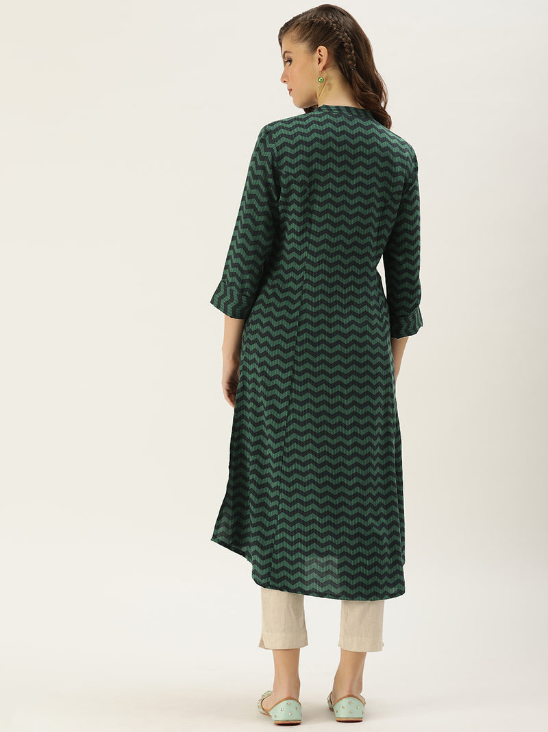 Green Geometric Zig Zag Princess Cut Kurta