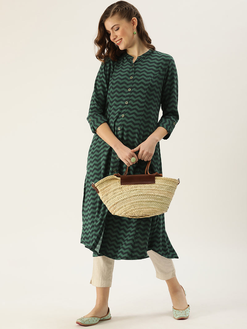 Green Geometric Zig Zag Princess Cut Kurta