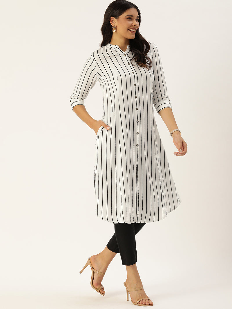 White  Black Striped Princess Cut Kurta