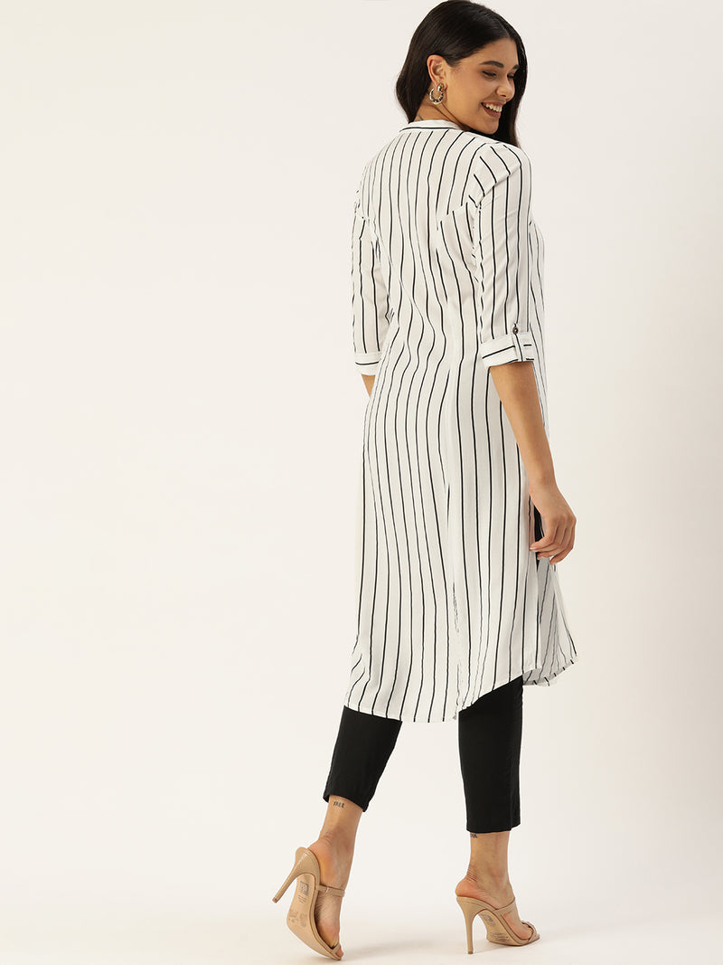 White  Black Striped Princess Cut Kurta