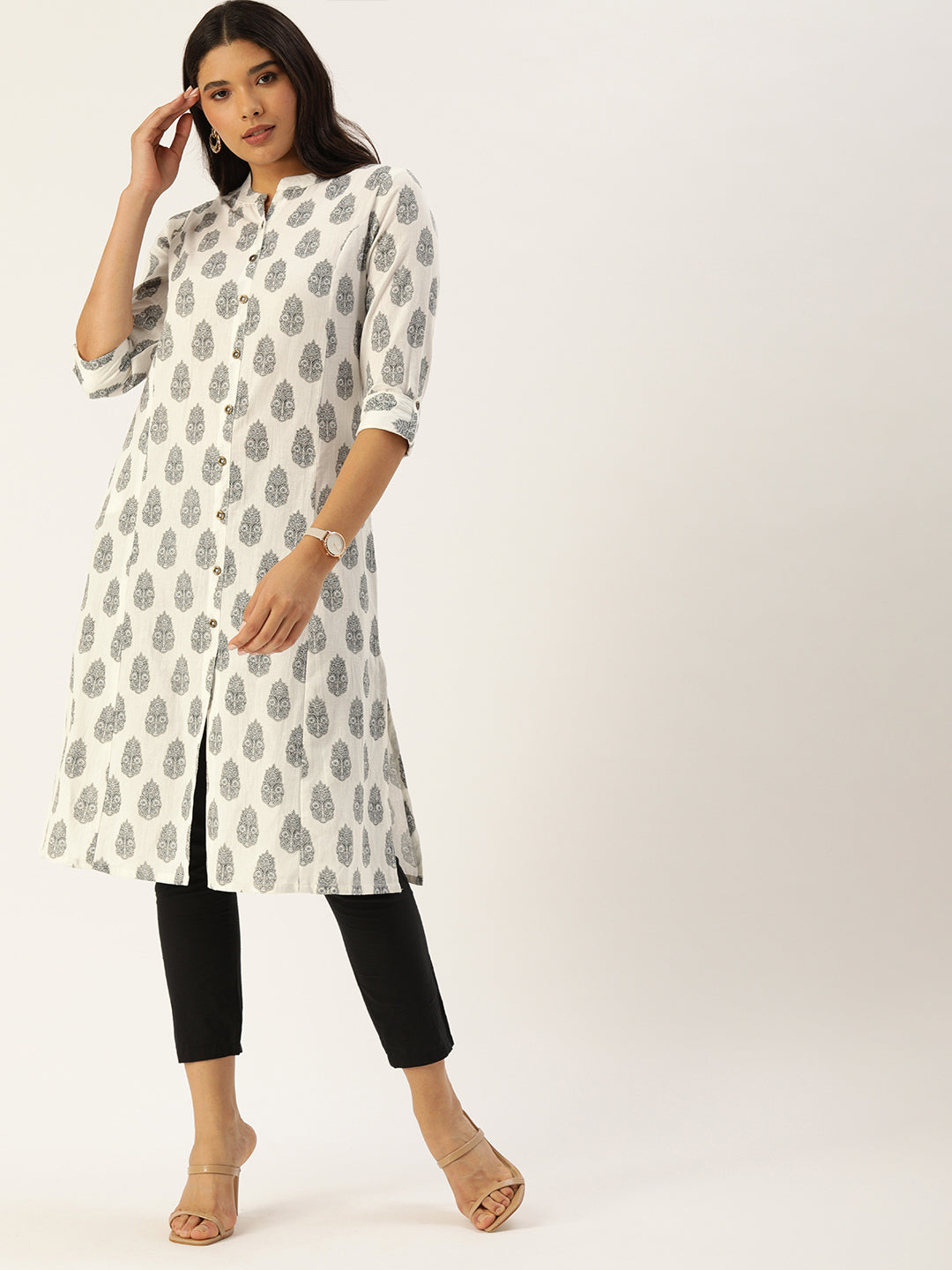 White  Grey Ethnic Motifs Printed Kurta