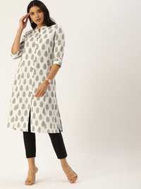 White  Grey Ethnic Motifs Printed Kurta