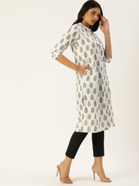 White  Grey Ethnic Motifs Printed Kurta
