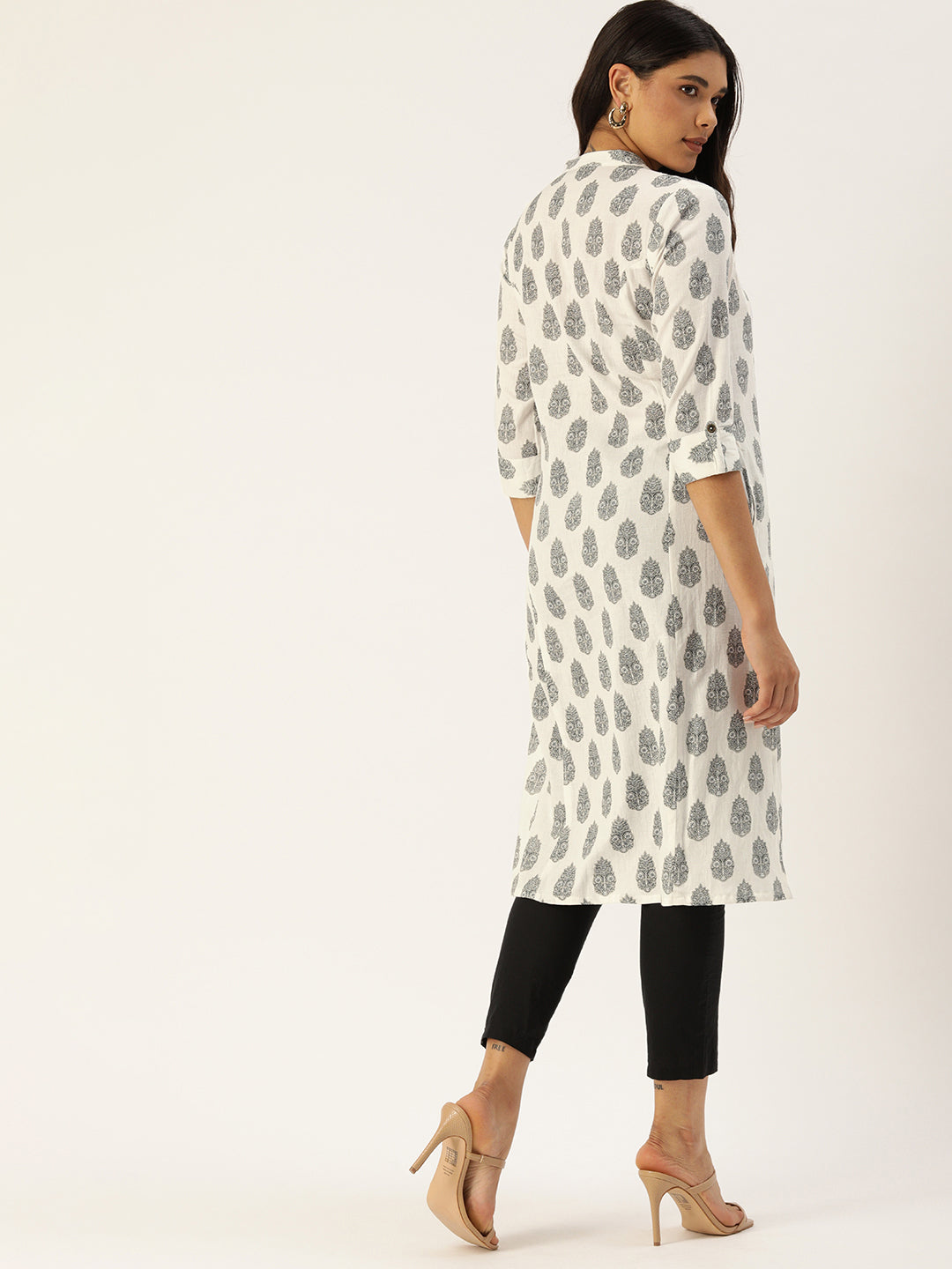 White  Grey Ethnic Motifs Printed Kurta