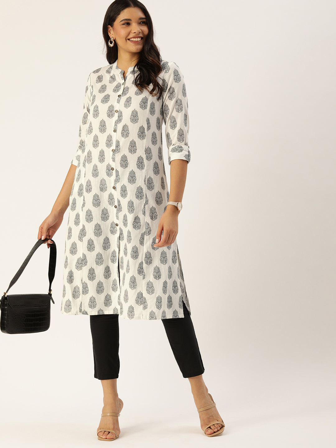 White  Grey Ethnic Motifs Printed Kurta