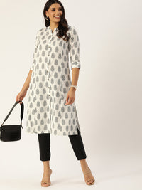 White  Grey Ethnic Motifs Printed Kurta