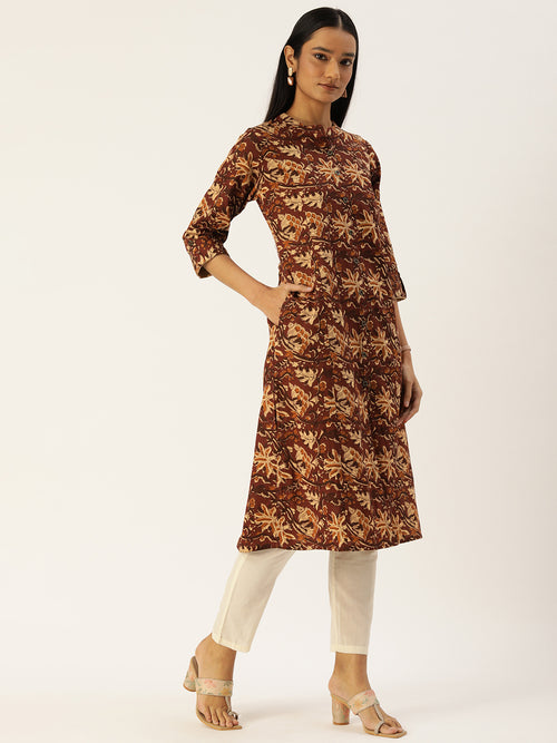 Brown Ethnic Motifs Printed Princess Cut Kurta