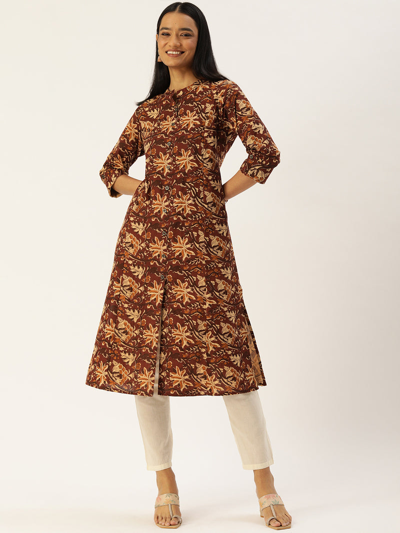 Brown Ethnic Motifs Printed Princess Cut Kurta