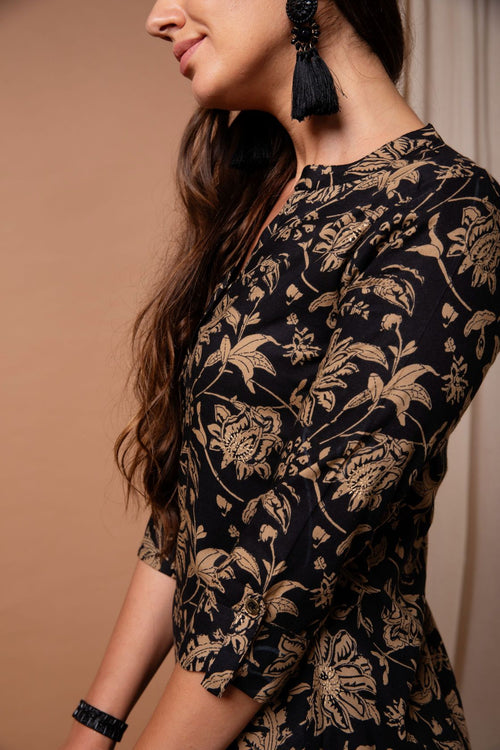 Black & Khaki Floral Printed Straight Cut Kurta