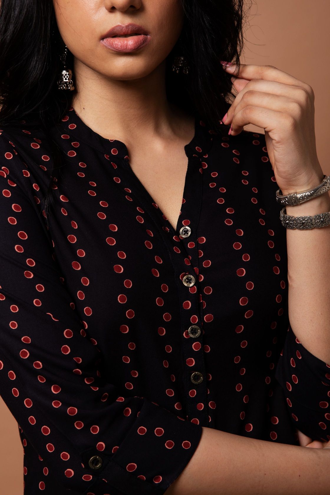 Black & Red Dot Printed Straight Cut Kurta