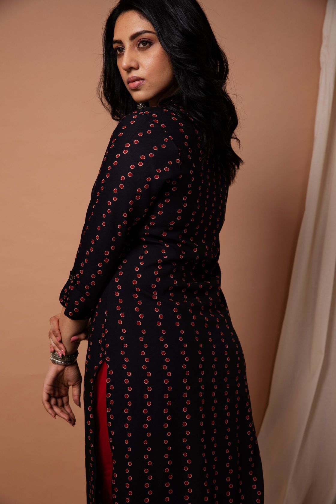 Black & Red Dot Printed Straight Cut Kurta