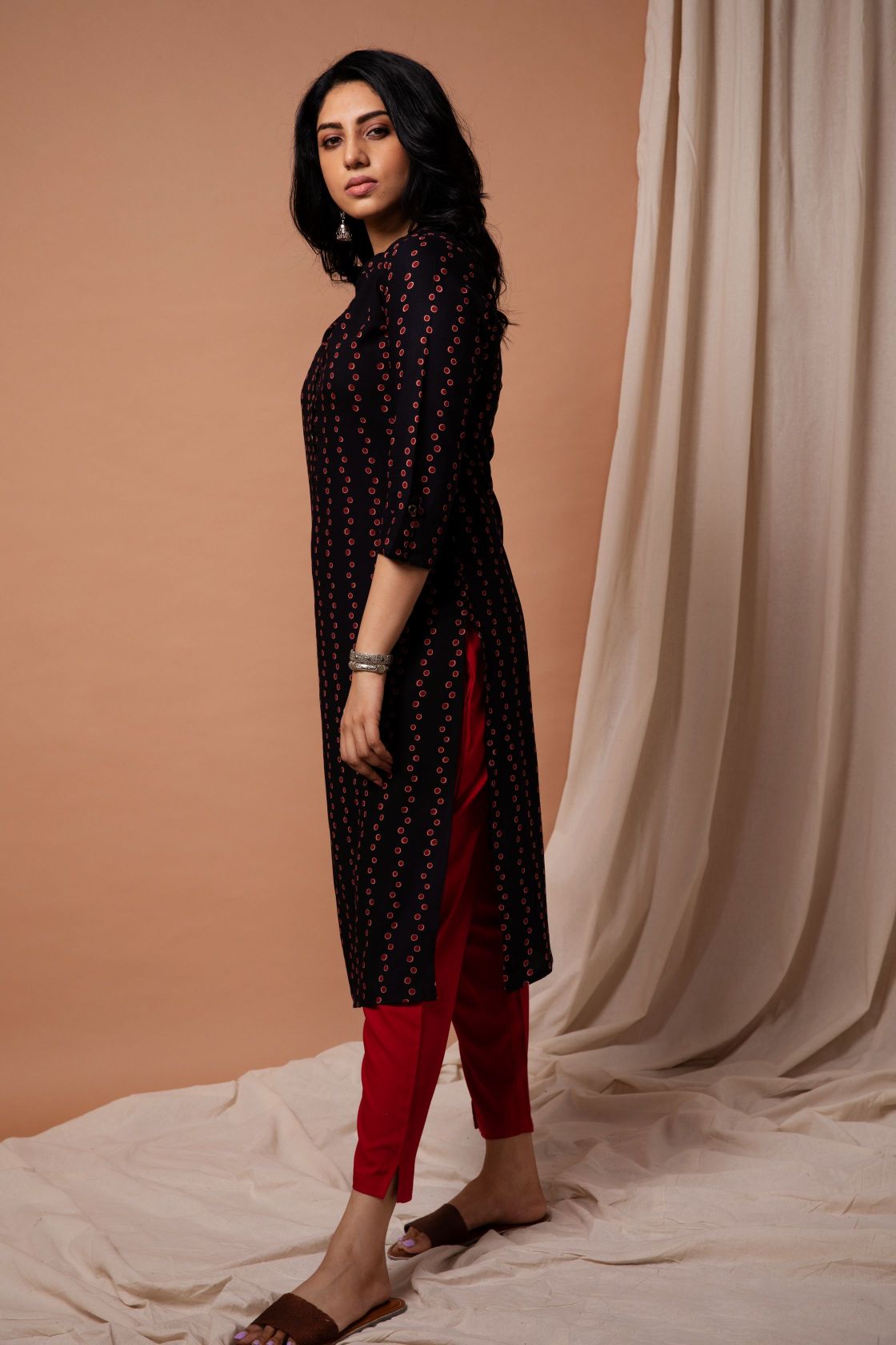 Black & Red Dot Printed Straight Cut Kurta