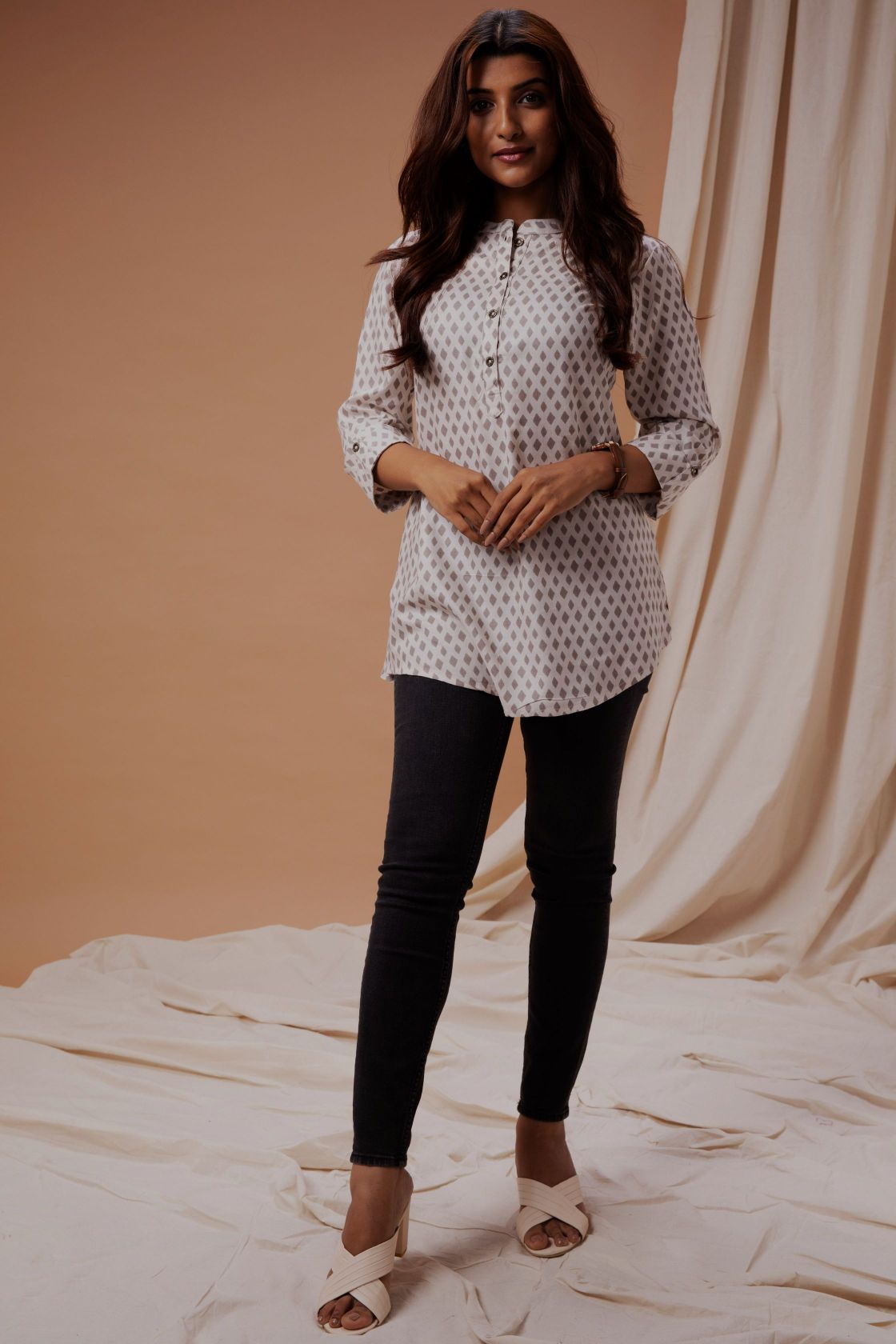 White & Grey Printed Short Kurta