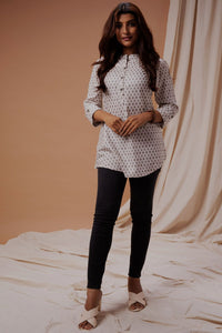 White & Grey Printed Short Kurta