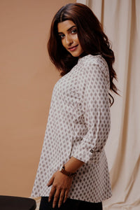 White & Grey Printed Short Kurta