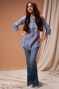 Blue Floral Printed Short  Kurta