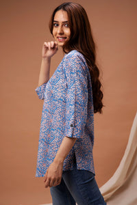 Blue Floral Printed Short  Kurta