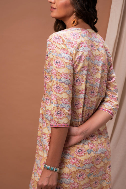 Yellow & Pink Hand Block Print Straight Cut Kurta