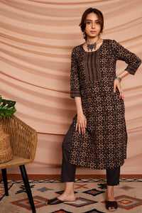 Black With Golden Design Printed Straight Cut Kurta