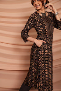 Black With Golden Design Printed Straight Cut Kurta