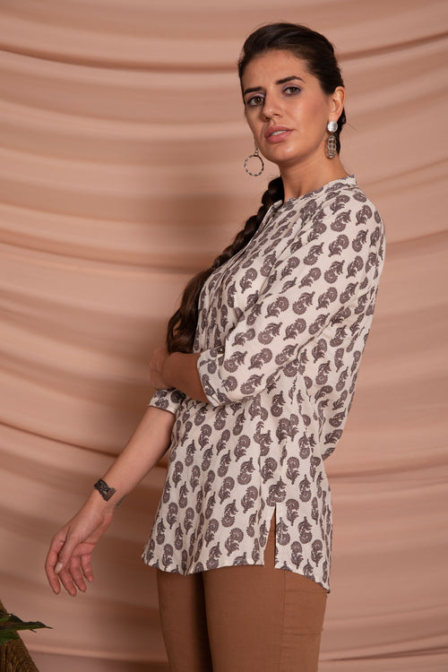 Beige Floral Printed Short Kurta