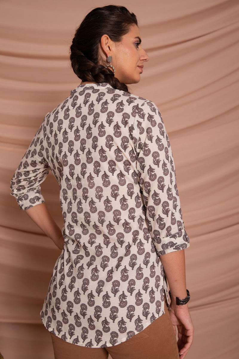 Beige Floral Printed Short Kurta