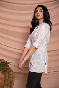 White Floral Printed Short Kurta