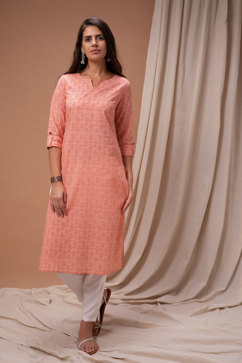 Orange Mint Leaf Design Printed Straight Cut Kurta
