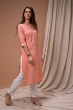 Orange Mint Leaf Design Printed Straight Cut Kurta