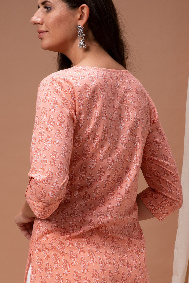 Orange Mint Leaf Design Printed Straight Cut Kurta