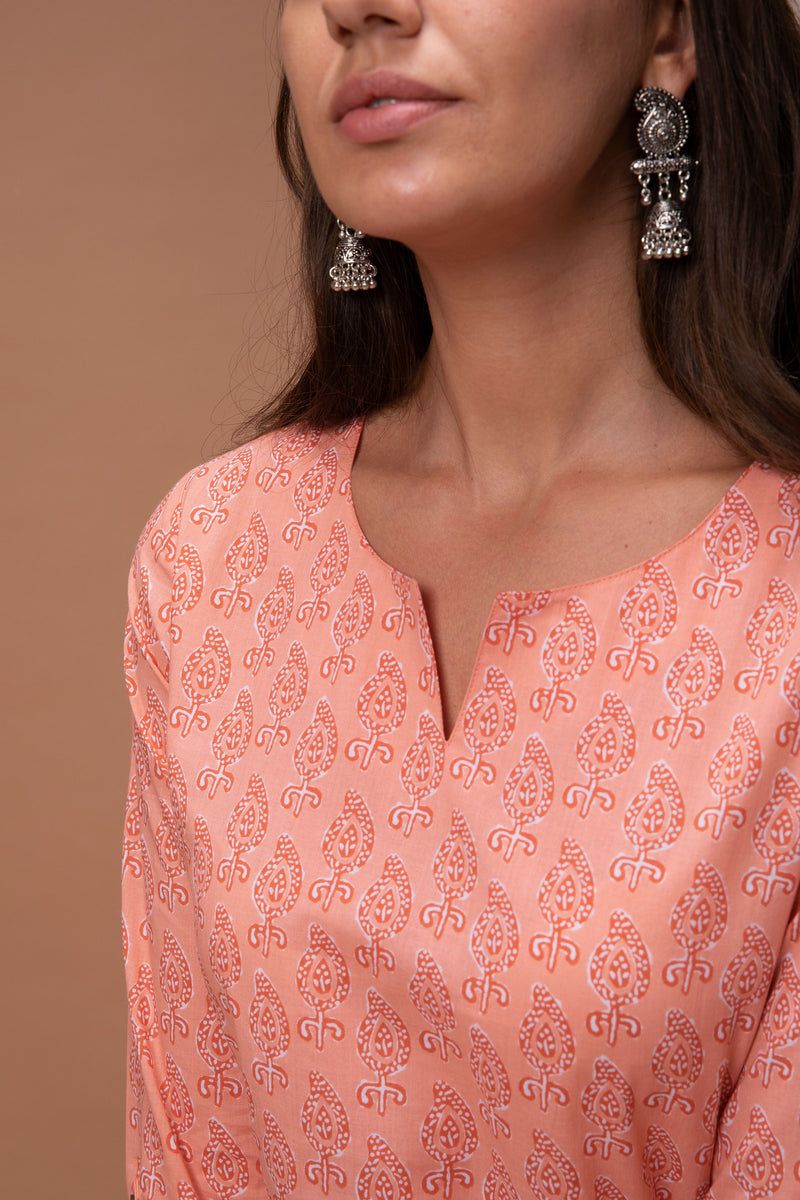 Orange Mint Leaf Design Printed Straight Cut Kurta