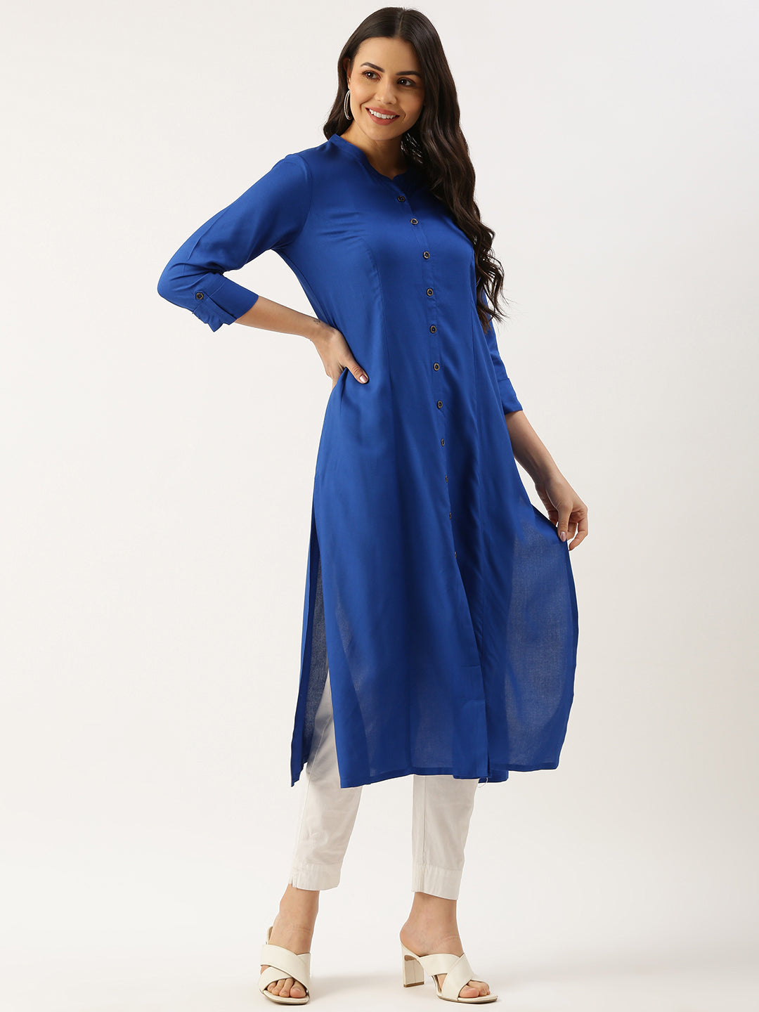 Royal Blue Solid A-line Princess Cut Kurta