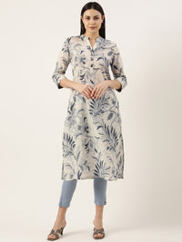 White & Blue Floral Printed Pure Cotton Kurta