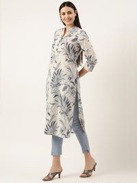 White & Blue Floral Printed Pure Cotton Kurta