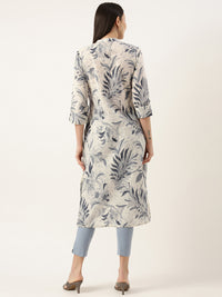 White & Blue Floral Printed Pure Cotton Kurta