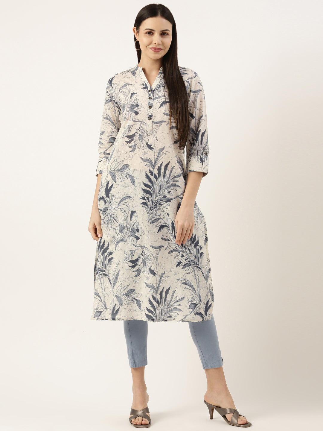 White & Blue Floral Printed Pure Cotton Kurta