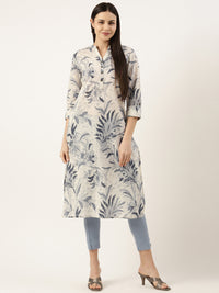 White & Blue Floral Printed Pure Cotton Kurta