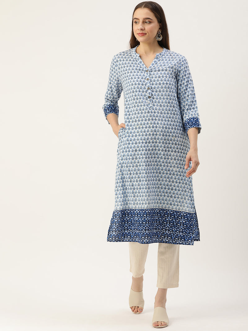 Blue Ethnic Motifs Printed Straight Rayon Kurta